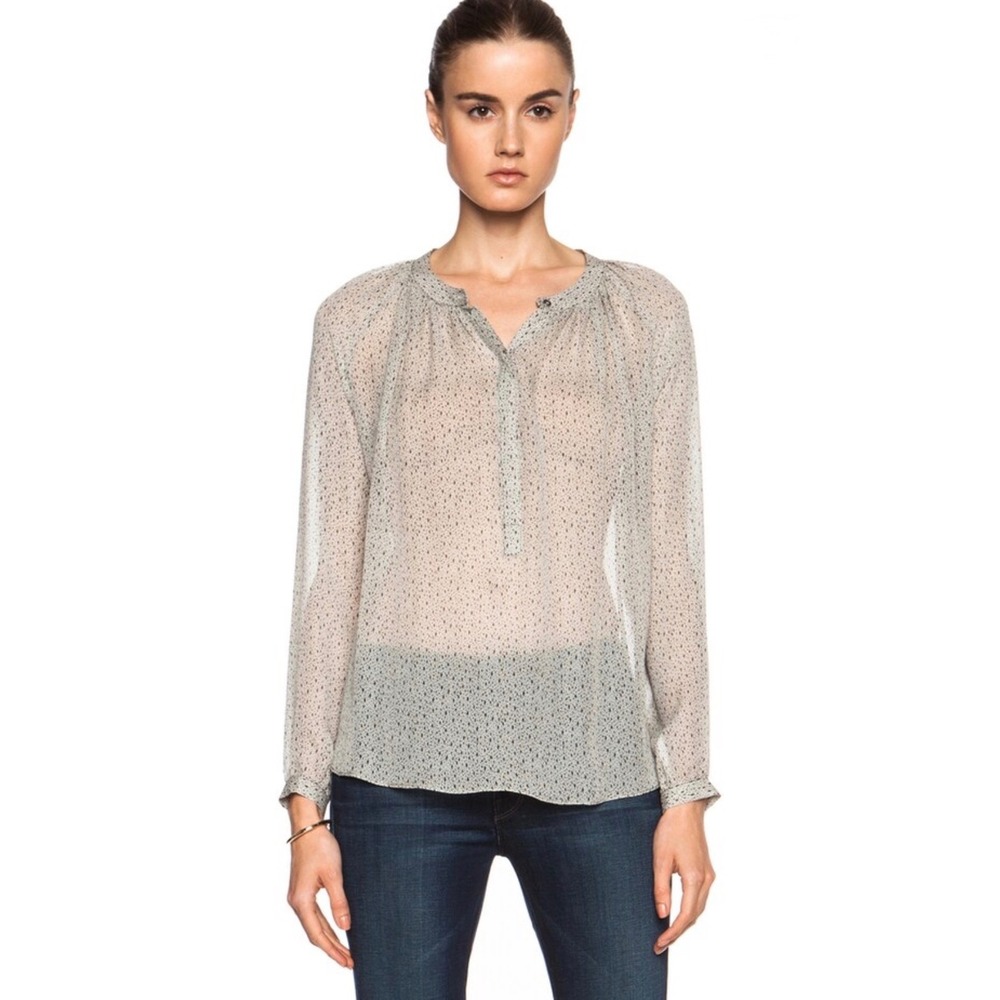 MiH Jeans Gathered Silk Blouse Women S Cream Black Micro Print Sheer Long Sleeve